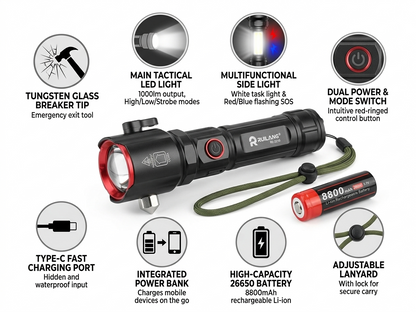 4-in-1 Emergency LED Flashlight – Light, Safety Hammer & Seatbelt Cutter all in One