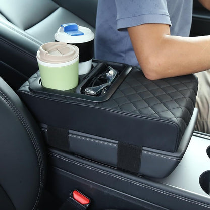 Car Armrest Cushion with Cup Holder & Storage Box – PU Leather Center Console Organizer (Universal Fit)