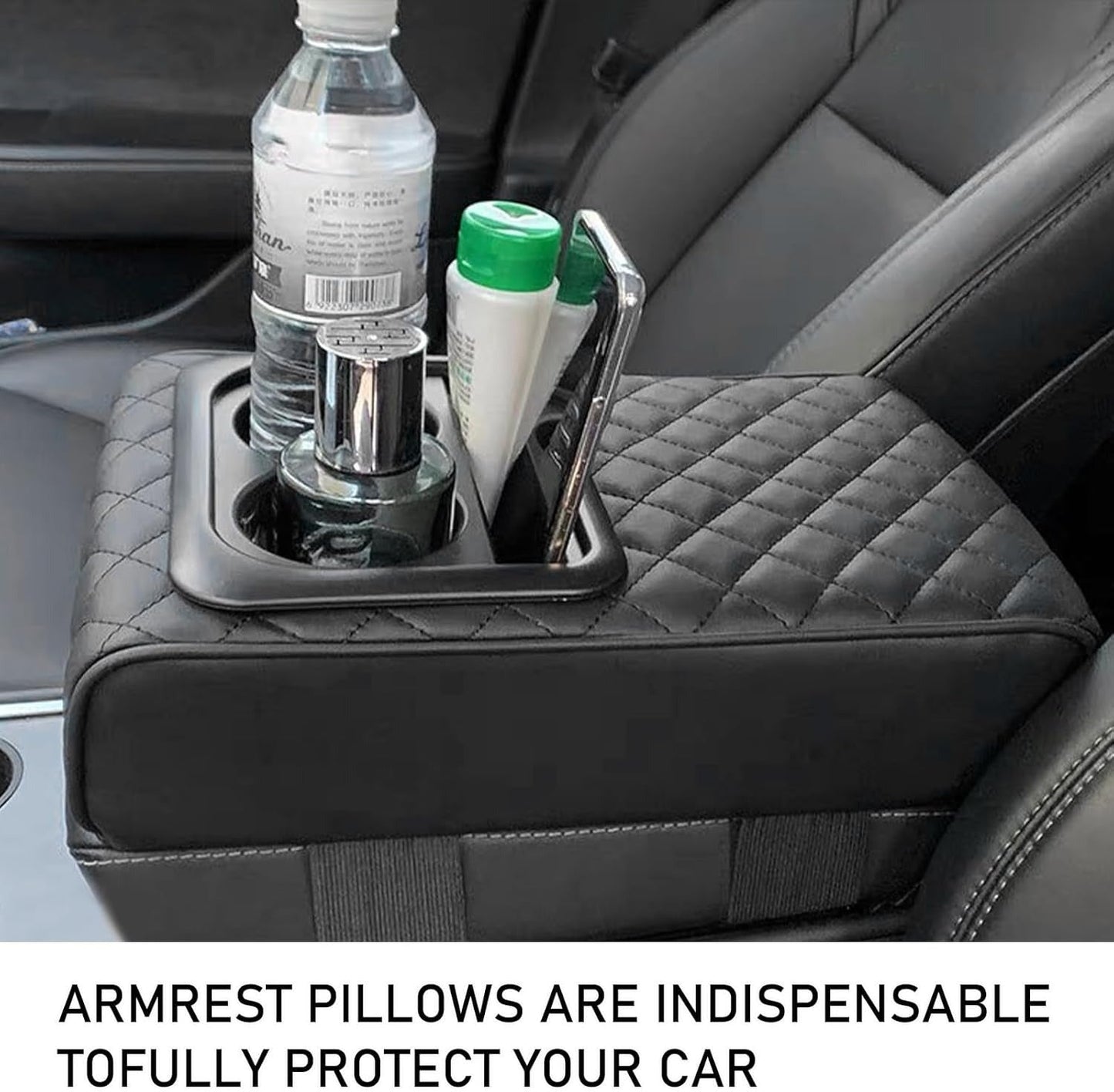 Car Armrest Cushion with Cup Holder & Storage Box – PU Leather Center Console Organizer (Universal Fit)
