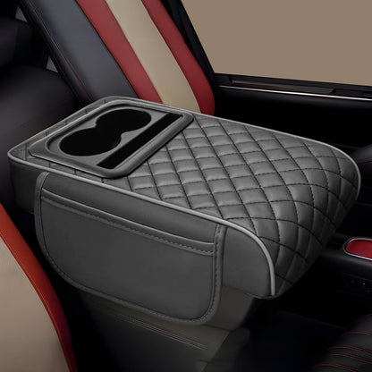 Car Armrest Cushion with Cup Holder & Storage Box – PU Leather Center Console Organizer (Universal Fit)