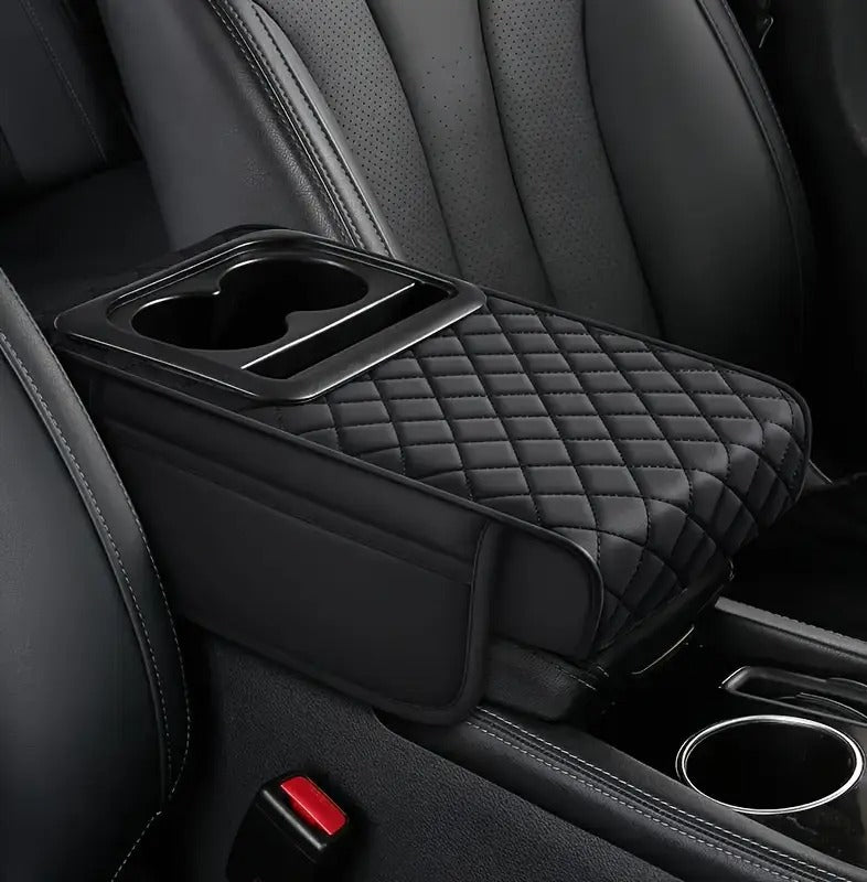 Car Armrest Cushion with Cup Holder & Storage Box – PU Leather Center Console Organizer (Universal Fit)