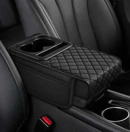 Car Armrest Cushion with Cup Holder & Storage Box – PU Leather Center Console Organizer (Universal Fit)