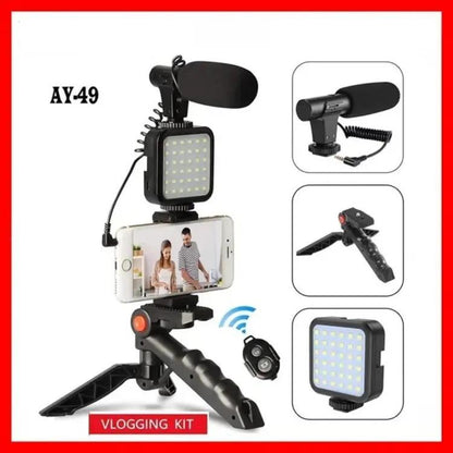 AY-49 Vlogger Video Making Kit – Microphone, LED Fill Light, Mini Tripod & Mobile Holder with Wireless Remote