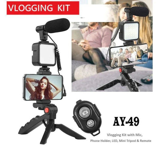 AY-49 Vlogger Video Making Kit – Microphone, LED Fill Light, Mini Tripod & Mobile Holder with Wireless Remote