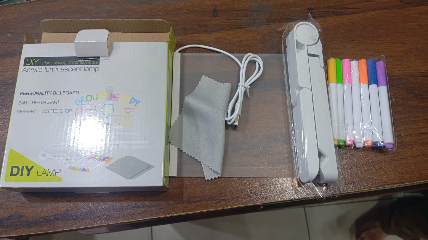LED Light-Up Writing Board 15×15 cm – Acrylic Message Pad with Neon Pens & Stand