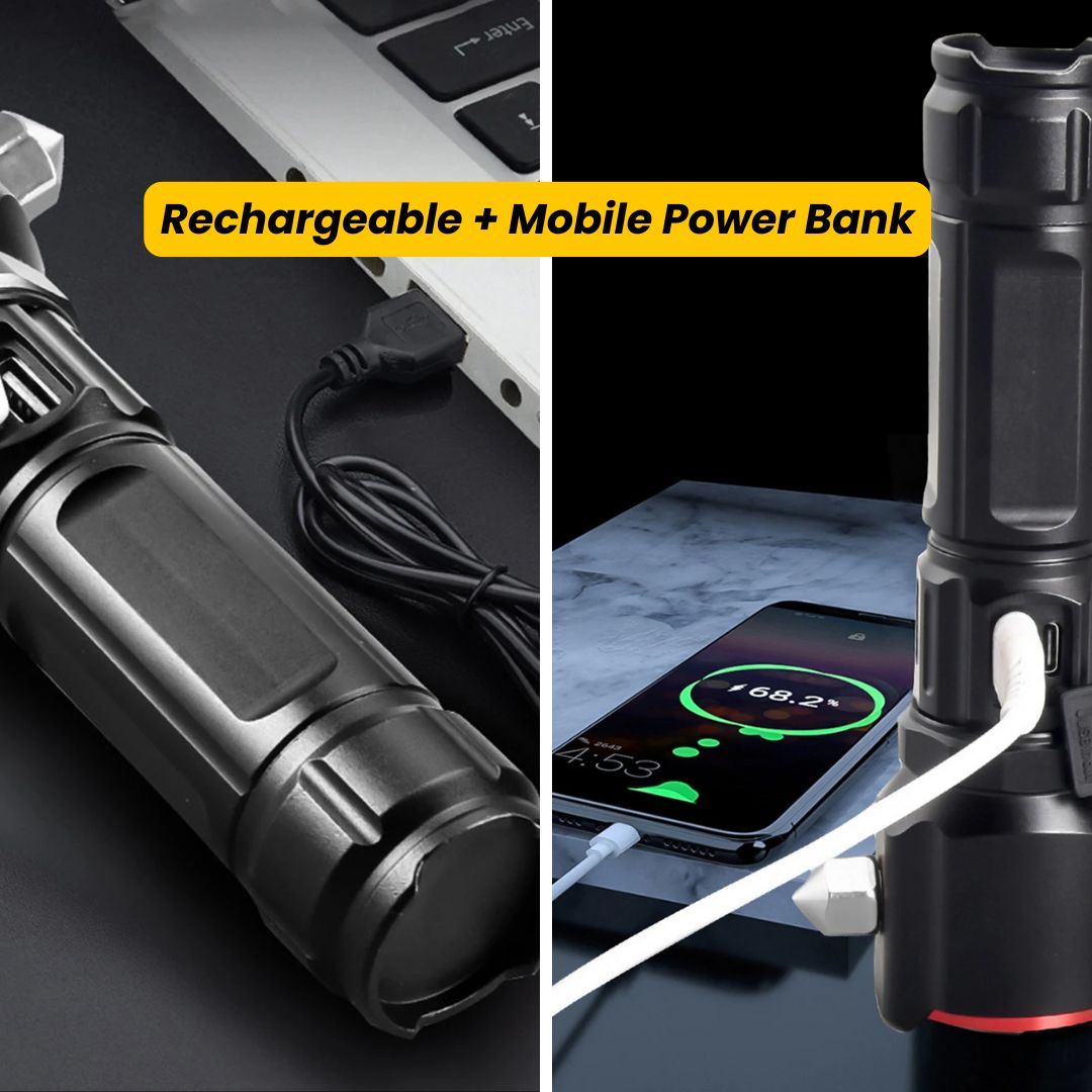 Multi-Function Car Flashlight | Emergency Tool with Window Breaker, Seat Belt Cutter & Power Bank